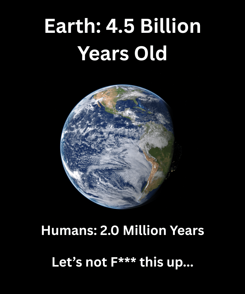 The earth on black background of space with its age and humans existence