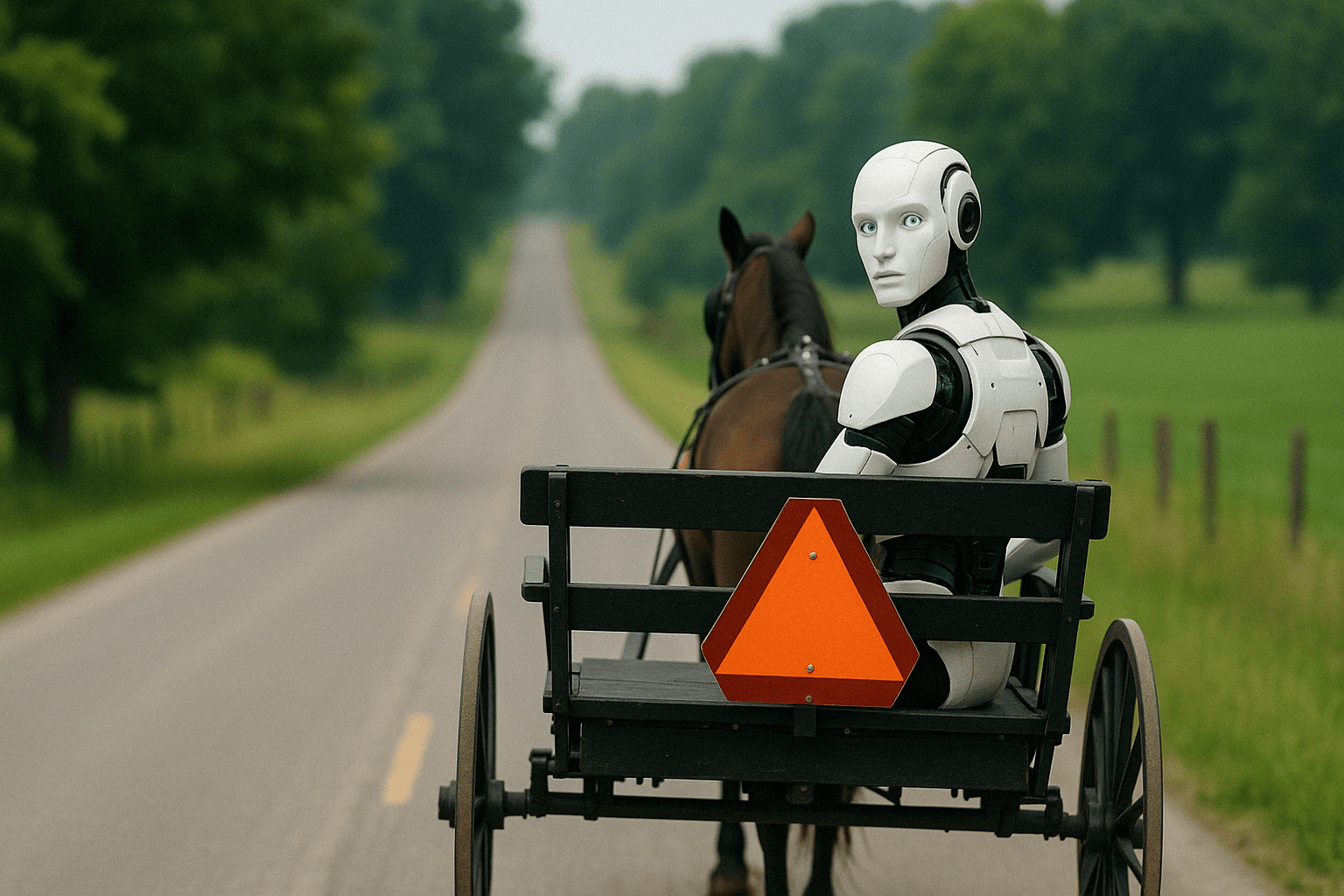 AI robot riding in Amish wagon