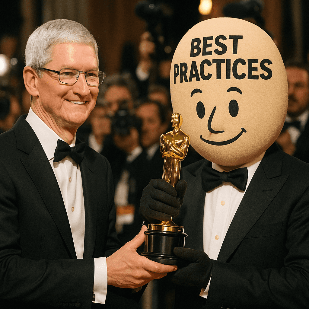 Anthropomorphic character named “Mr. Best Practices” accepts a gold award from Apple CEO Tim Cook at a glamorous awards event, mimicking the Oscars.