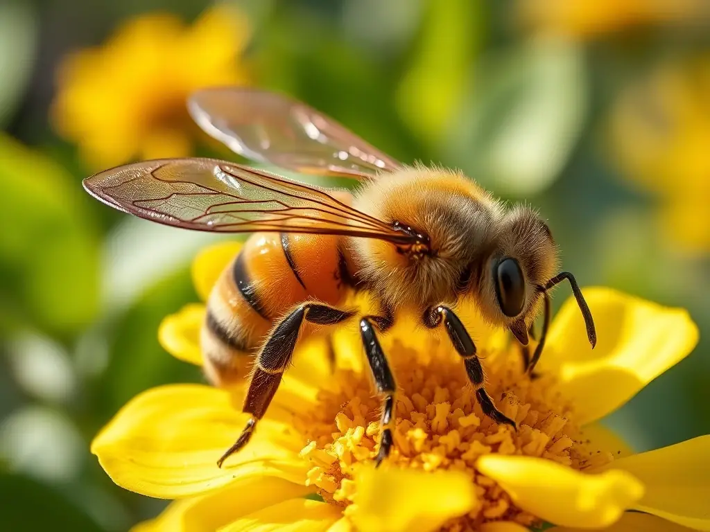 A close-up photograph of a honey bee covered in pesticides, lying dead on a flower. The image should convey the harmful effects of pesticide use on honey bee populations.