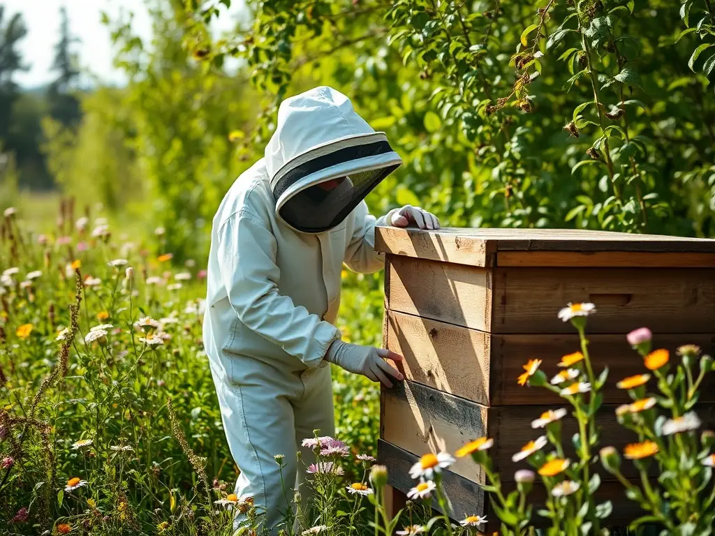 A photograph of a beekeeper inspecting a beehive, wearing protective gear and using gentle handling techniques. The image should convey the importance of ethical beekeeping practices for bee health.