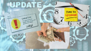 error messages, interconnected gears and open wallet.