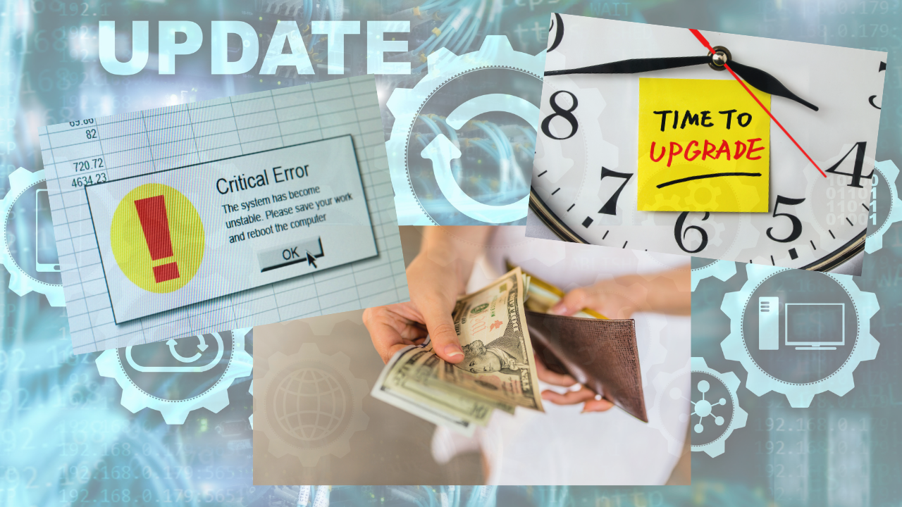 error messages, interconnected gears and open wallet.