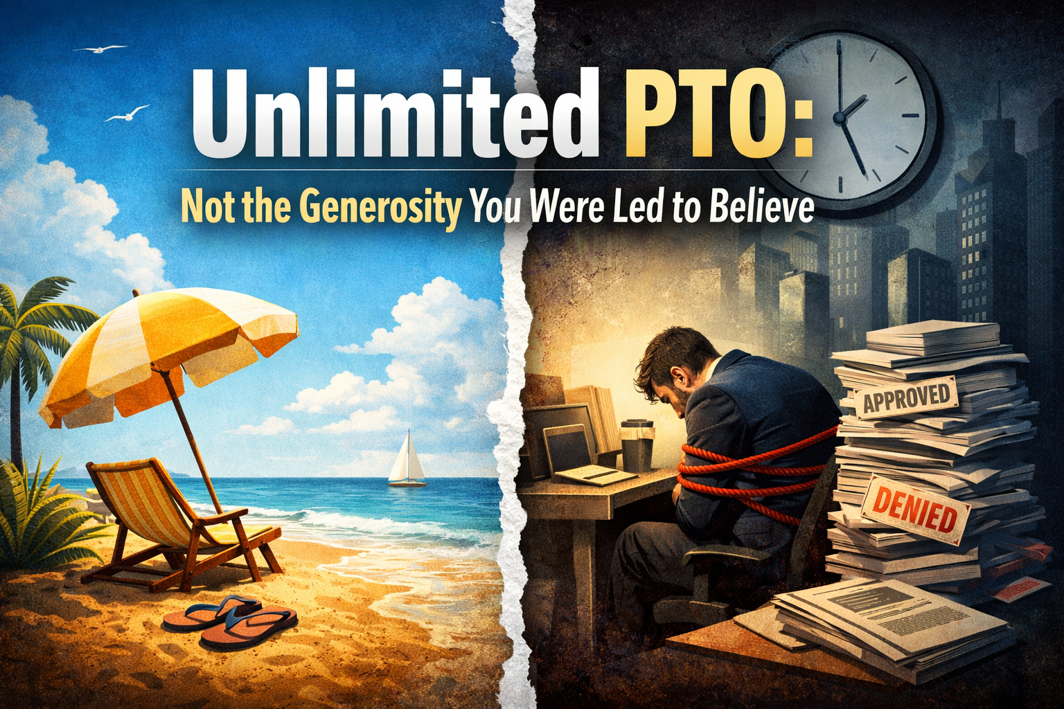 Beach scene vs man shackled to desk